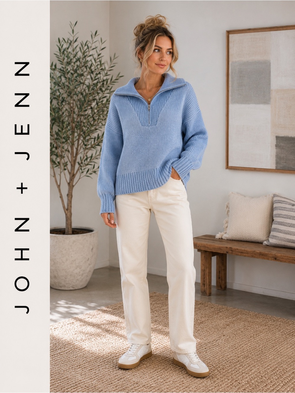John + Jenn Blue Ribbed Quarter Zip Knit Sweater Pullover Women’s Large Cozy Fit